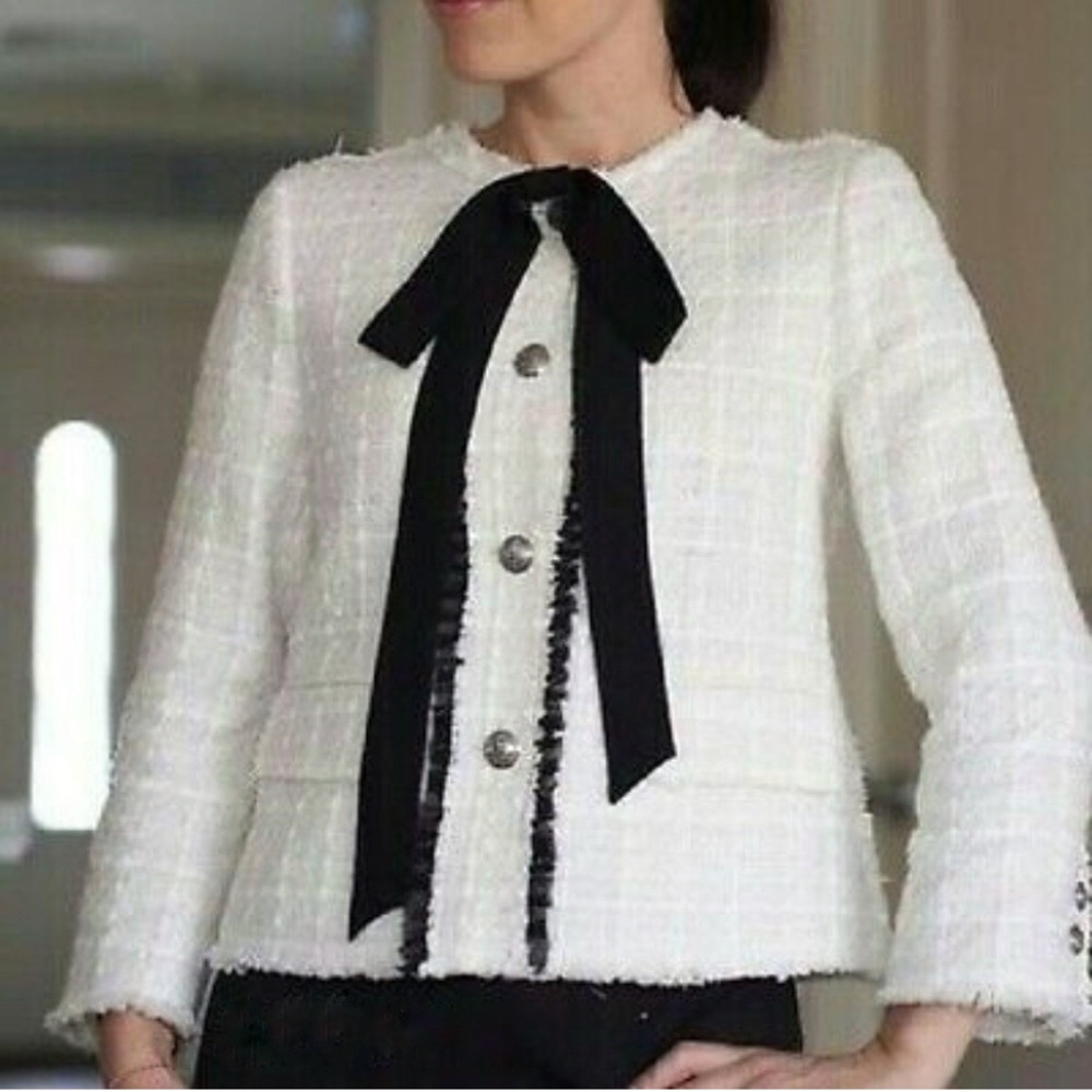 Zara Blazer White Tweed Lady Jacket Black Bow Shimmer Preppy Size XL NWT